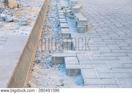 Repair Work In The Pedestrian Zone Of The Residential Complex. Engineering Works. Roadworks In Const