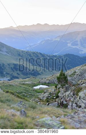 Estanys De Vall Del Riu. Beautiful Mountain Landscape In Pyrenees, Andorra.