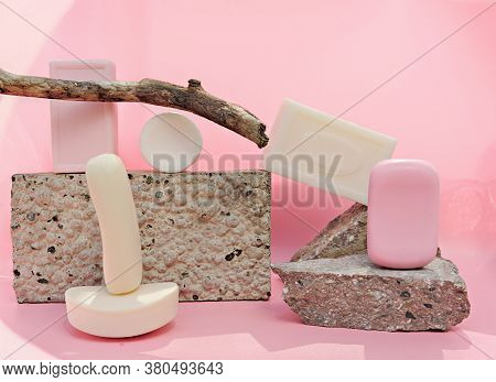 Different Types Of Soap Bars. Trendy Style. Organic And Natural Soap Bars On A Pink Backgrpond. Ston