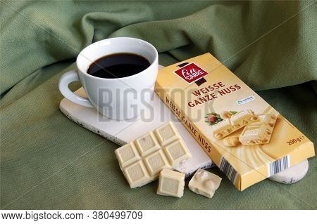 Kharkov, Ukraine - February 10, 2020: Fin Carre, Weisse Ganze Nuss German White Chocolate Bar With W