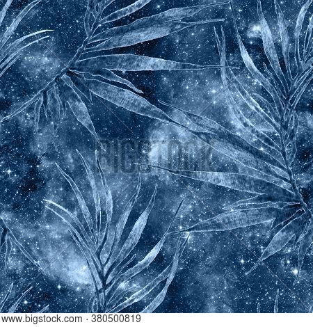 Tropical Seamless Pattern.  Blue Galaxy Background. Fashion Hand Drawn Texture. Tropical Seamless Pa