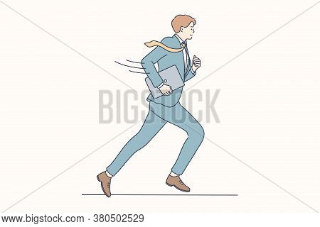 Business, Rush, Job, Race, Delay Concept. Young Motivated Happy Smiling Businessman Guy Clerk Manage