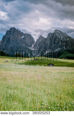 Alpe Di Siusi - Seiser Alm With Sassolungo - Langkofel Mountain Group In Background At Sunset. Yello