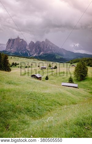 Alpe Di Siusi - Seiser Alm With Sassolungo - Langkofel Mountain Group In Background At Sunset. Yello