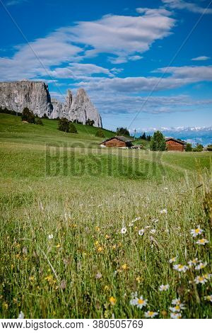 Alpe Di Siusi - Seiser Alm With Sassolungo - Langkofel Mountain Group In Background At Sunset. Yello