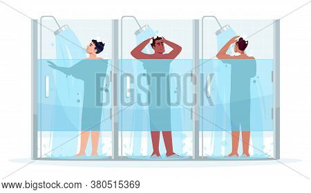 Public Male Shower Semi Flat Rgb Color Vector Illustration. Man Clean With Shampoo. Guy In Cabin Was