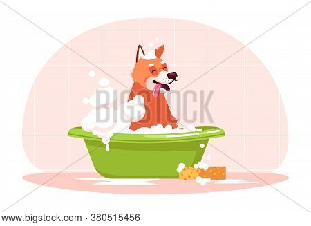 Dog In Bathtub Semi Flat Rgb Color Vector Illustration. Doggy Wash In Bathroom. Bubble Bath For Pupp