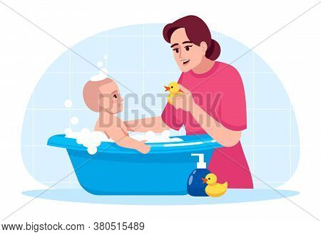 Baby Hygiene Semi Flat Rgb Color Vector Illustration. Toddler In Bathtub. Mother Washing Baby. Kid P