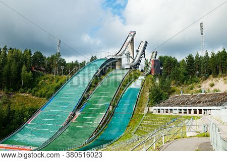 Lahti, Finland - 4 August 2020: Lahti Sports Centre With Three Ski Jump Towers