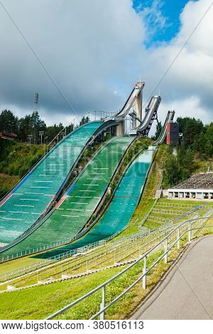 Lahti, Finland - 4 August 2020: Lahti Sports Centre With Three Ski Jump Towers