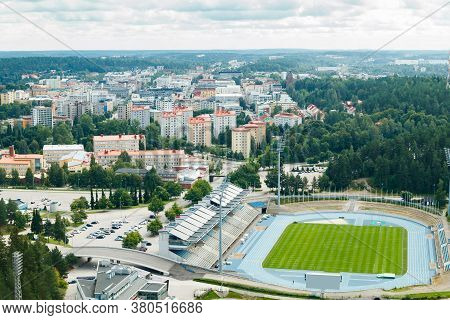 Lahti, Finland - 4 August 2020: View To Lahti City And Sports Centre From Ski Jump Tower Suurmaki