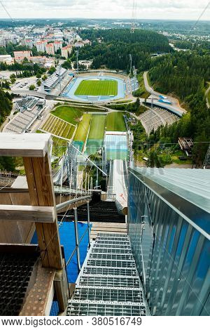 Lahti, Finland - 4 August 2020: View To Lahti City And Sports Centre From Ski Jump Tower Suurmaki