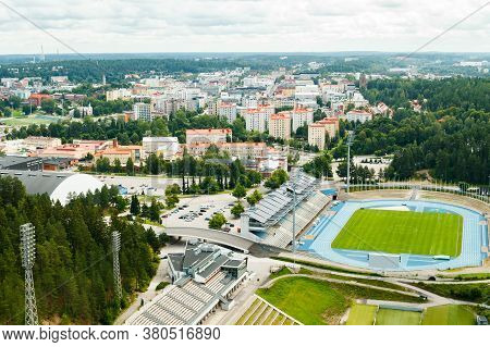 Lahti, Finland - 4 August 2020: View To Lahti City And Sports Centre From Ski Jump Tower Suurmaki