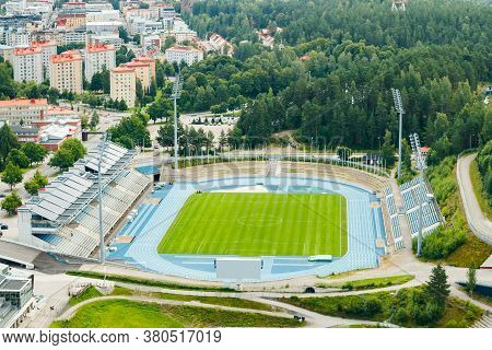 Lahti, Finland - 4 August 2020: View To Lahti City And Sports Centre From Ski Jump Tower Suurmaki