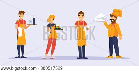 Waiters, Waitress And Shef Cook Standing With Trays. Cafe Workers In Orange Uniform Isolated On Gray