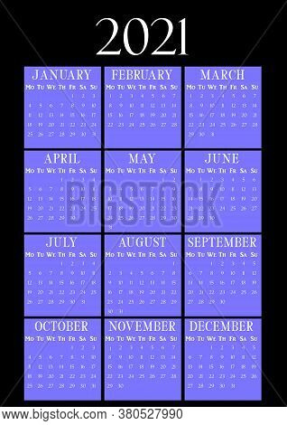 2021 Year Vertical Calendar On A4 Paper Format. Black And Blue Wall Calendar. 2021 Year By Months. C