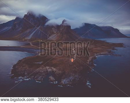 Hvalnes Lighthouse On The Southern Coast Of Iceland