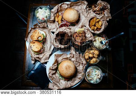 Great Menu For Beer Party With Friends. Burger, Sandwich, Salad, French Fries, Bread Croutons, Meat 
