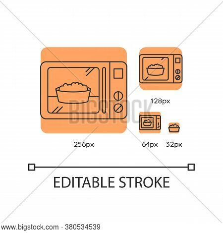 Ready Meal Orange Linear Icons Set. Microwave Food. Heated Popcorn In Bowl. Meal Preparation. Thin L