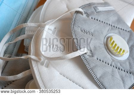 Detail Of Kn95 Or N95 Mask With Valve For Protection Pm 2.5 And Corona Virus On Black Background. Pr