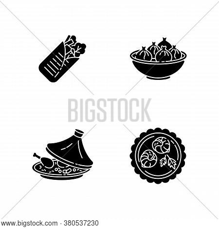 Traditional Dish Black Glyph Icons Set On White Space. Shawarma From Eastern Cuisine. Asian Dish. Ch