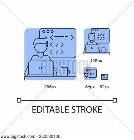 Web Developer Blue Linear Icons Set. Programming, Coding And Ui Designing Process. Thin Line Customi