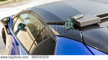 11-02-2018 Baku / Azerbaijan: Lamborghini Keychain On The Blue Lambo Car