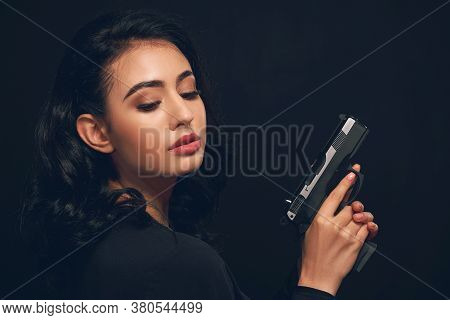 Beautiful Dark-haired Girl With Lush Lips And Voluminous Lashes Grafit. Beauty Portrait Of A Woman W