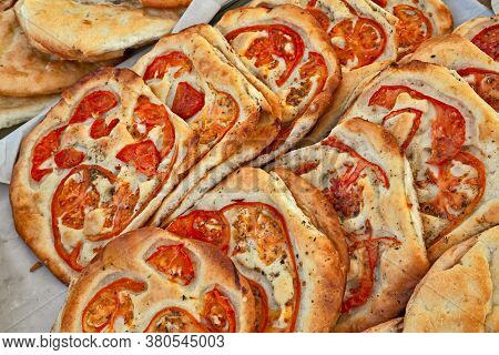 Italian Food: Traditional Focaccia, Schiacciata Of Tuscany, A Flat Oven-baked Bread Product With Oli