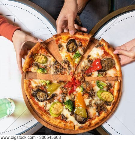 Taking Pizza Slices Top Angle View, Tasy Dish