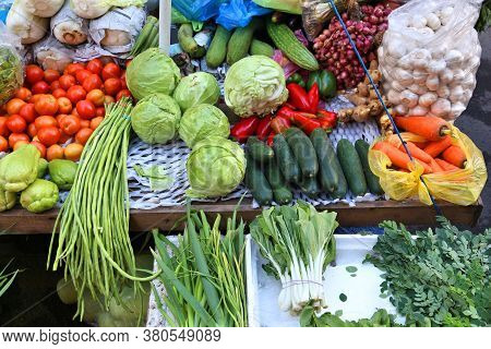 Fresh Vegetables Market In Chinatown, Manila, Philippines With Cabbage, Long Beans, Cucumbers, Carro