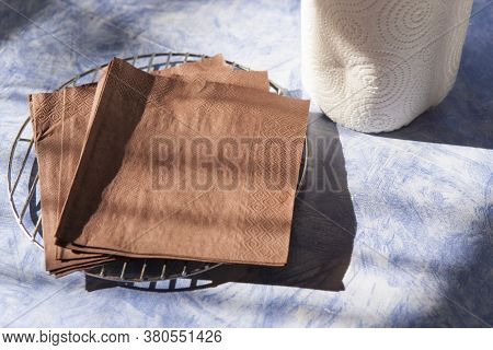 Kitcen Towel Roll And Paper Napkins On A Table, Indoor Macro Shot