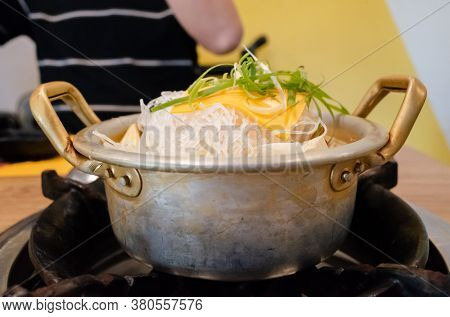 Korean food of army stew or army base stew (Budae Jjigae) in the restaurant