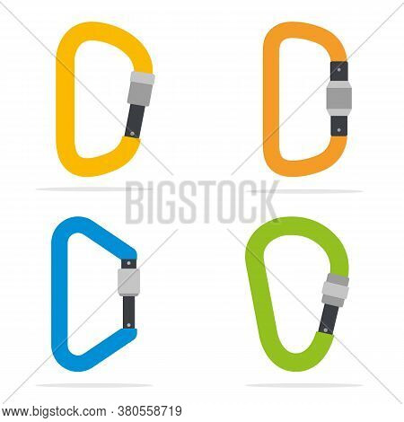 Climbing Carabines Set. Oval, Offset-d, D-shaped And Pear-shaped Types. Vector Flat Illustration