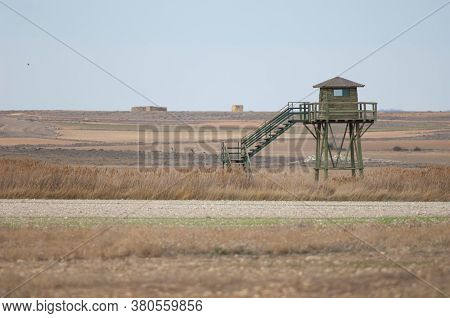 Bird observatory in the Gallocanta Lagoon Natural Reserve. Aragon. Spain.