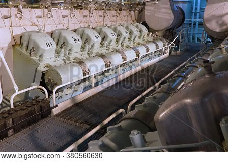 Murmansk, Russia - June 24, 2019: The Engine Compartment Of The Ship. Engine And Steering Equipment.