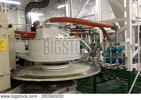 Murmansk, Russia - June 24, 2019: The Engine Compartment Of The Ship. Engine And Steering Equipment.