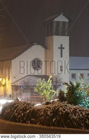 Cristo Rey Parish Church in the rain. Sabinanigo. Huesca. Aragon. Spain.
