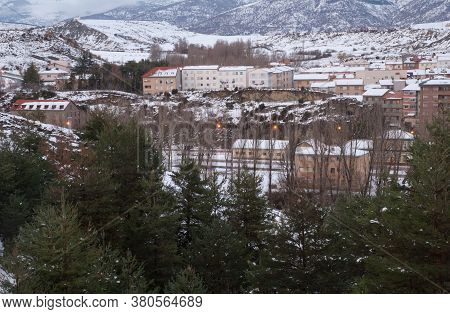 City of Sabinanigo covered with snow. Huesca. Aragon. Spain.