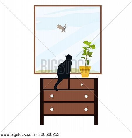 Vector Stock Illustration Of A Cozy Home. The Cat Is Sitting By The Window On A Wooden Chest Of Draw