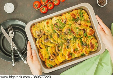 Potato Wedges Baked With Mushrooms, Herb Oven Roasted, With Thyme, A Close-up In A Baking Tray. Top 