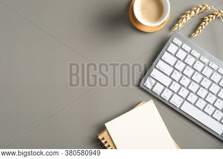 Top View, Flat Lay Keyboard, Cup Of Coffee, Paper Notebook, Wheat On Office Desk. Autumn Style Works