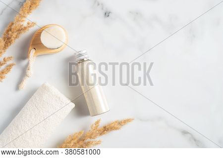 Spa Cosmetic Set With Ayurvedic Ubtan Face And Body Mask, Towel, Cleansing Brush On Marble Backgroun