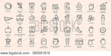 Very Large Set Of Line Drawn Coffee Icons With Explanatory Text Below Showing Food, Restaurant Table
