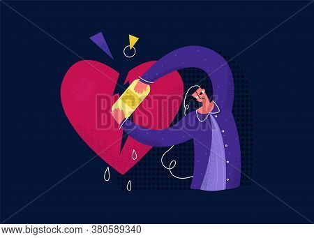 Vector Flat Abstract Young Woman Who Is Going Through Relationship Breakup In Form Of Broken Heart. 
