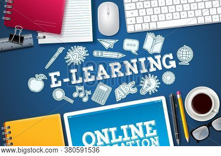 E-learning Online School Vector Banner. E-learning Text With Computer Elements And School Items In B