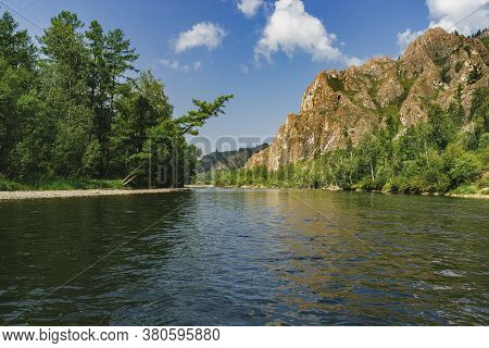 Summer Day On The River White Ius . On The Left Bank There Is A Forest, On The Right Bank There Is A