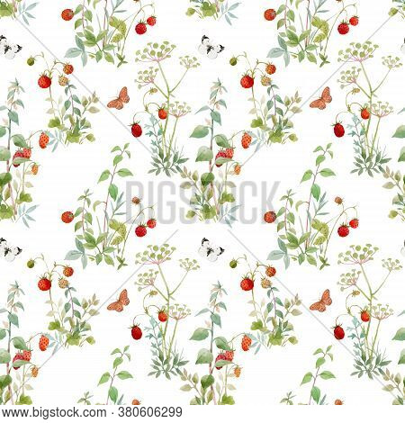 Beautiful Vector Seamless Floral Pattern With Watercolor Forest Plants And Berries. Stock Illustrati