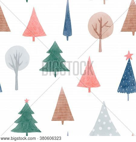 Beautiful Vector Seamless Pattern With Cute Abstract Watercolor Forest Trees. Stock Illustration.