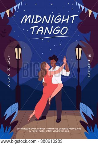 Midnight Tango Poster Flat Vector Template. Fun Creative Date For Couple. Partner Dancing Event. Bro